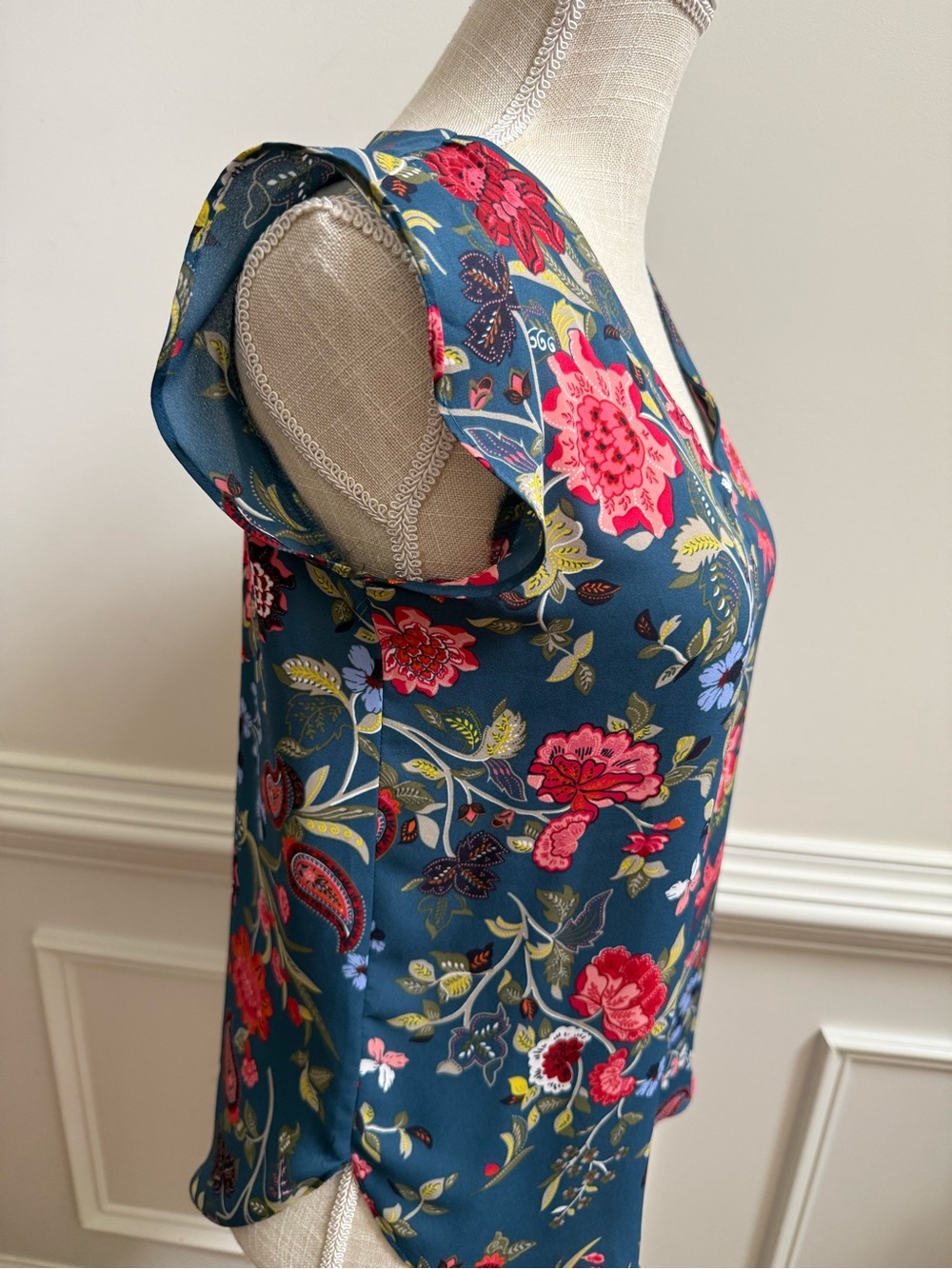 LOFT Teal Floral V-Neck Blouse - Picture 4 of 8